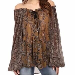 Free People Hendrix Floral Split Neck Tassel Ties Blouse Boho Tunic Size S